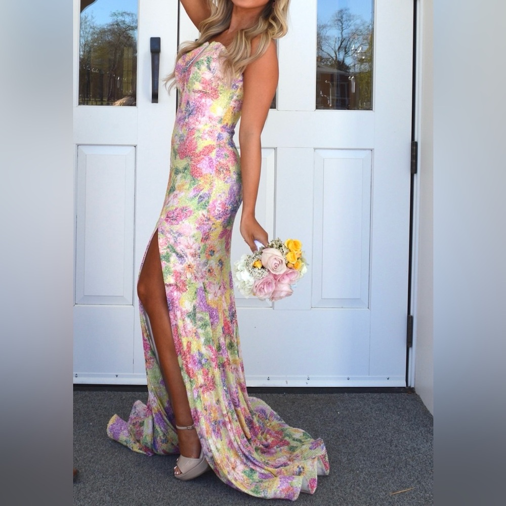 Jovani Strapless Floral Gown with Sweetheart Neckline